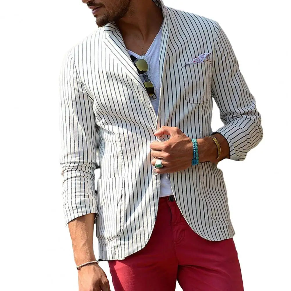 New Striped Print Jacket Men Lapel Long Sleeve Suit Business Formal Blazer White, L