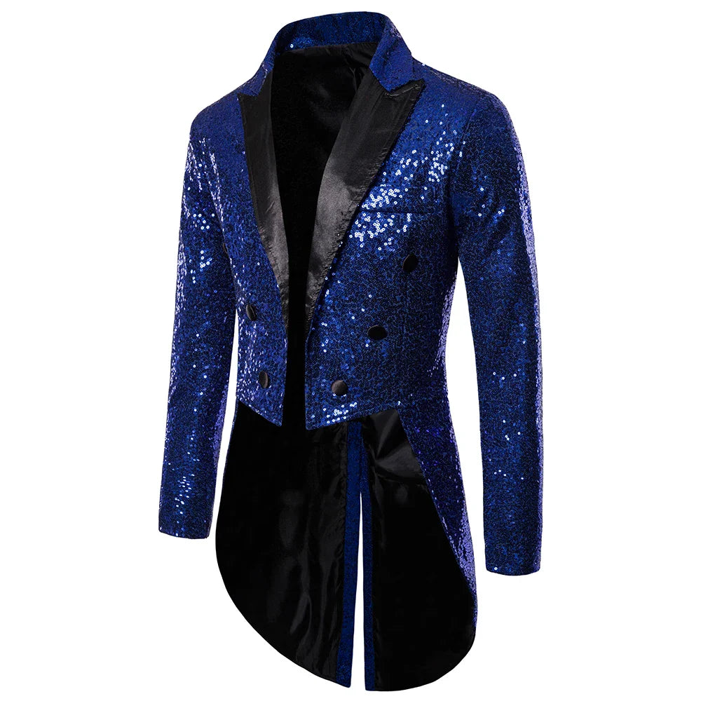 New Men Round Sequin Button Tuxedo Stage Show Wedding Host Dance Festival Blazer blue, XXL