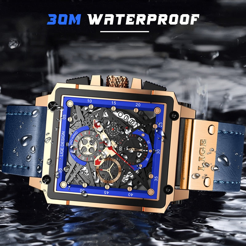 New Men Watches Top Brand Luxury Hollow Square Sport Watch For Men Fashion Leather Strap Waterproof Quartz WristWatch