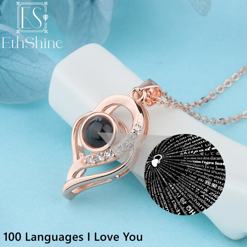 EthShine S925 Silver Personalized Heart Photo Projection Necklace Christmas Day Gift Photo Custom Jewelry Birthday Lover Family 100 Languages RG