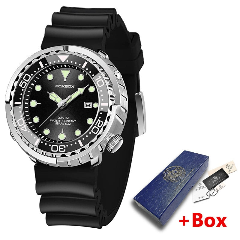 New Men Watches 5ATM Sports Waterproof Quartz Wristwatch Luminous Clock with Steel Bezel Watch for Men Relogio Masculino+Box Black-Silicone