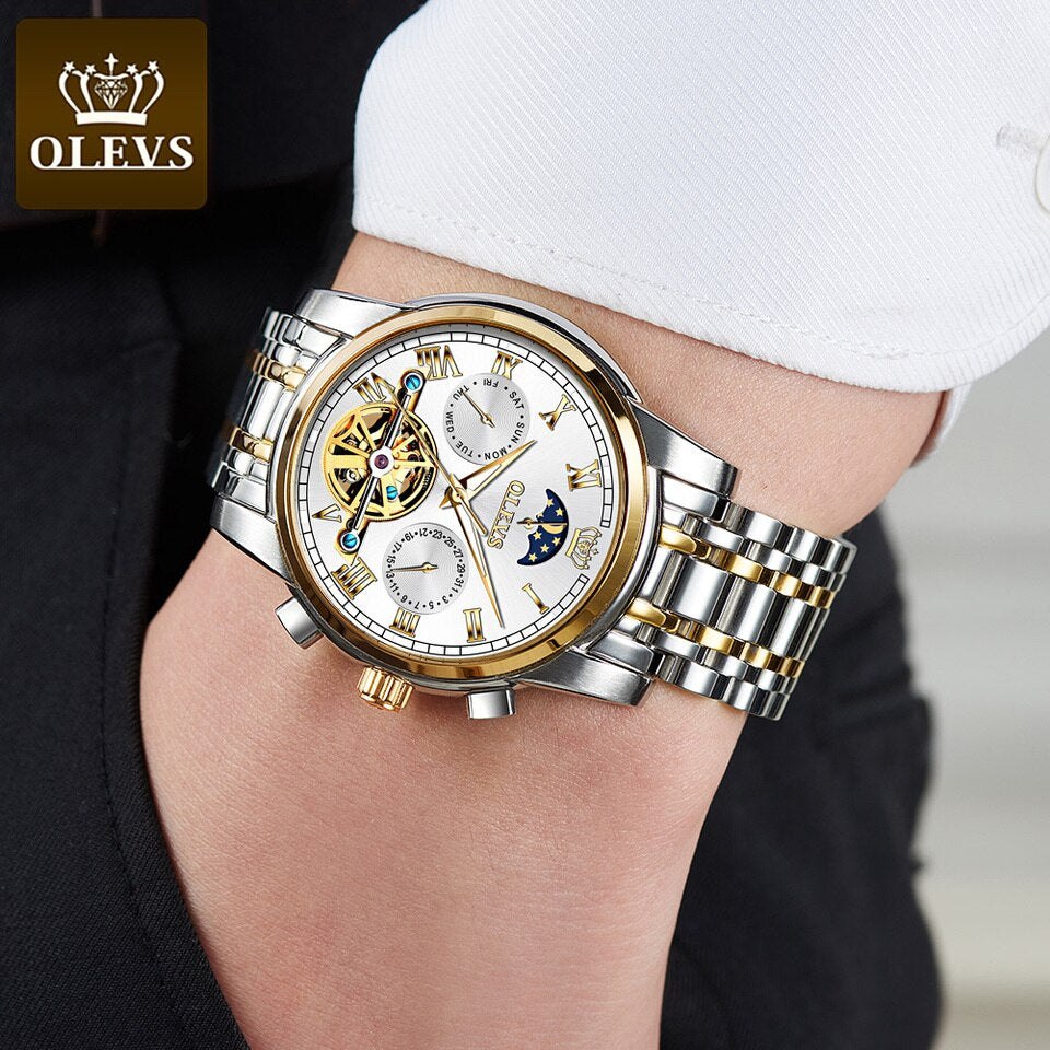 New Men OLEVS Mechanical Dress Watch Top Brand Men Watch Automatic  Dress Luxury Moon Light Phase Tour Billon Wristwatch Gifts for Male