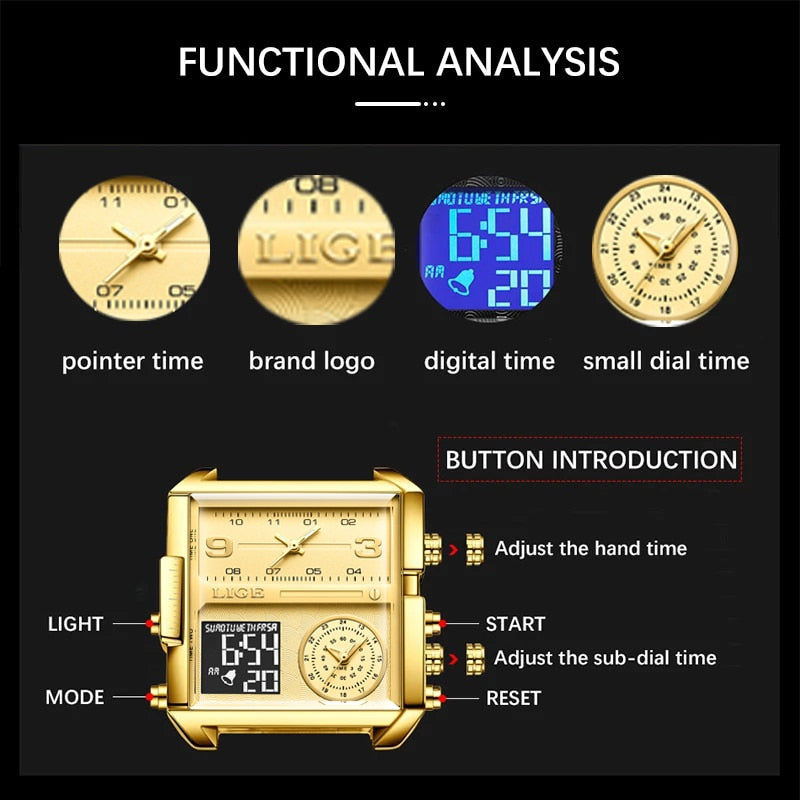 Original Men Sports Wrist Watch Gold Quartz Steel Waterproof Dual Display Clock Watche Relogio Masculino For Men