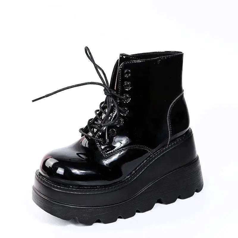 Women Boots High TopThick Sole Winter Slope Heel Lace Up Ankle Boots Women Shoes Bright Black Light Bling Black Chaussure Femme