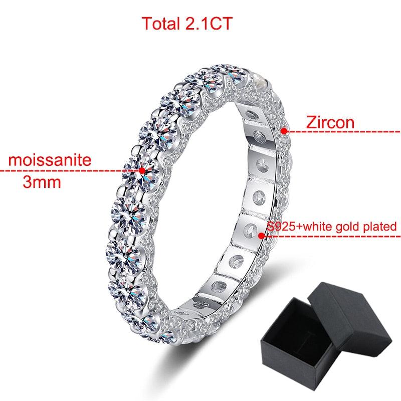 2.1CT White Gold Plated  Rings for Women 100% 925 Sterling Silver Full Enternity Diamond Band Wedding Ring GRA