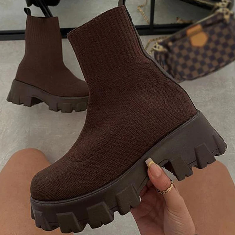 Women Boots Short Knitting Platform Boots Autumn Winter Shoes For Women Ankle Boots Heels White Winter Botas