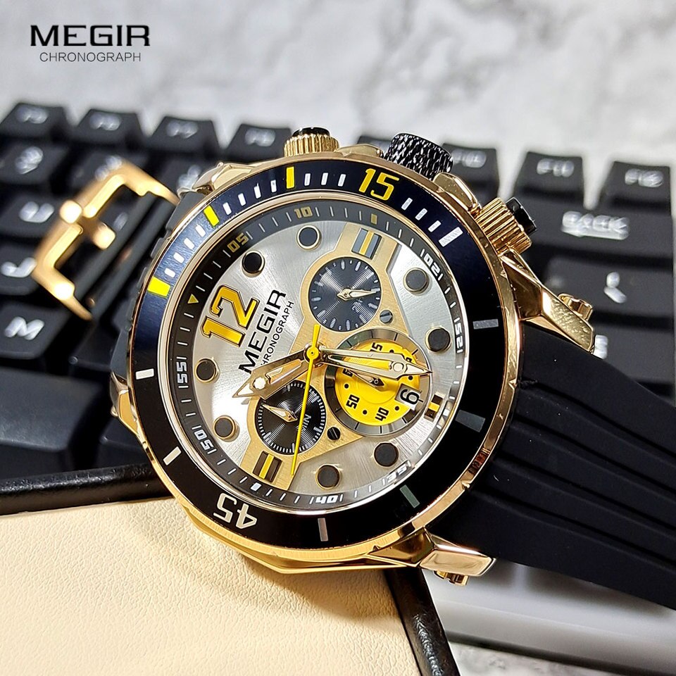 MEGIR Chronograph Watches for Men Fashion Military Sport Silicone Strap Wristwatch with Auto Date Waterproof Quartz Watch