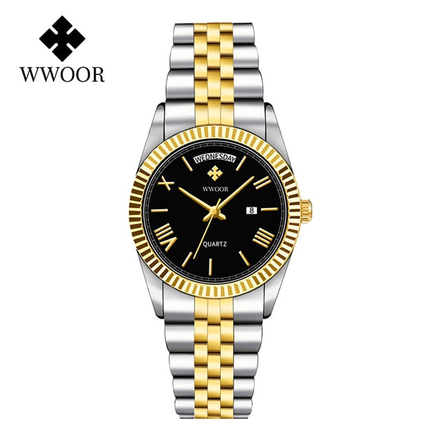 New Gold Watches Mens Luxury Stainless Steel With Calendar Warter proof Male Clock Week Quartz Wristwatch Relogio Masculino Silver black