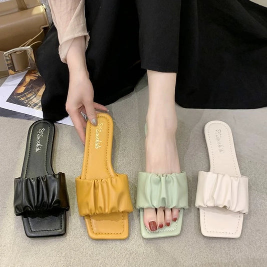 Woman Flat Slides Slippers Summer New Stylish Square Head Pleated Sandals for Women Casual Flip Flops Solid Color Shoes