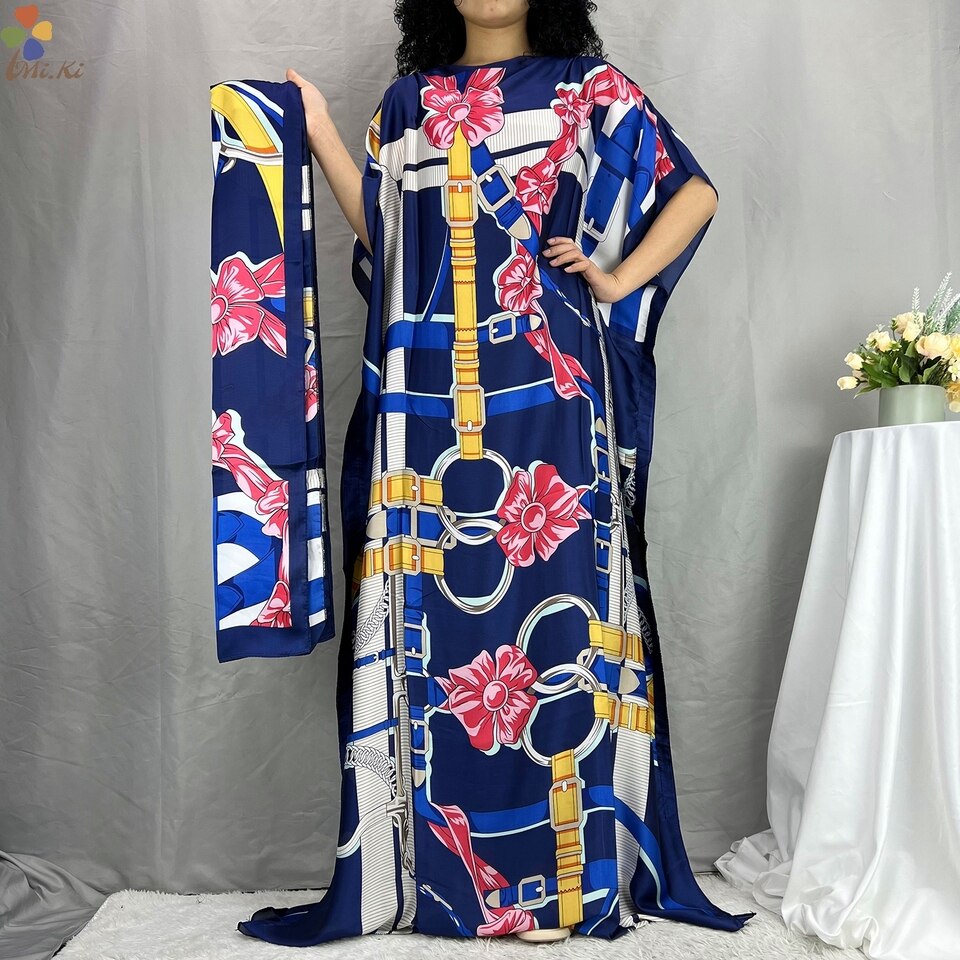 New Fashion Classic African Clothing Dashiki Robe Silk Fabric Women 2 Piece Printed Loose Dress MS222 MS222-9, One Size, China