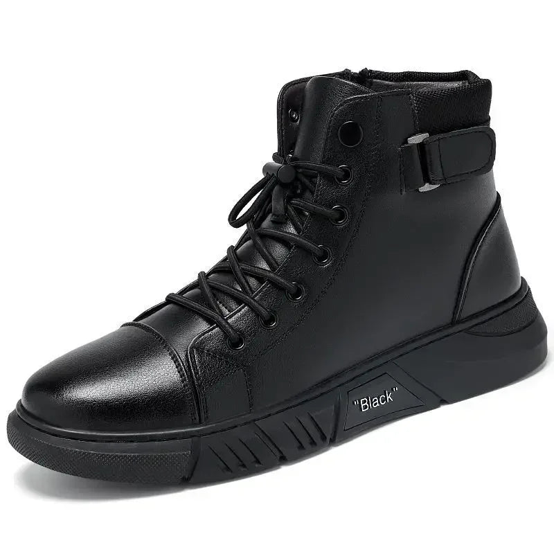 Ankle Boots Black PU Leather Men's Sports Shoes Autumn Winter Comfortable High-top Casual Fashion Platform Boots Man Round Head