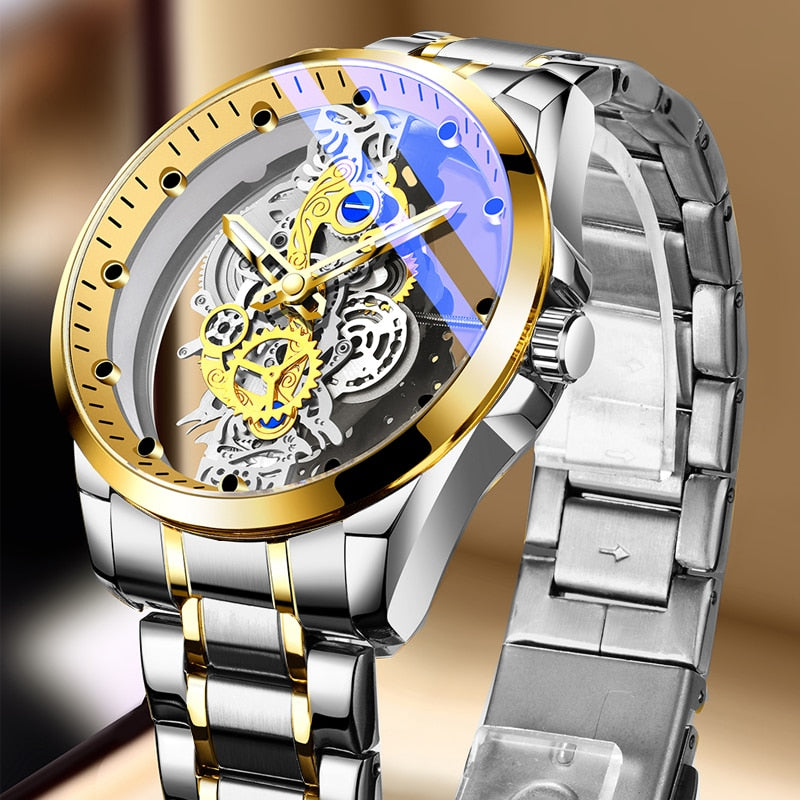 New Men Watch Skeleton Automatic quartz Watch Gold Skeleton Vintage Man Watch Mens Watches Top Brand Luxury часы мужские silver gold