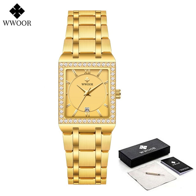 New Fashion Ladies Diamond Watch Top Brand Luxury Square Wrist Watch Simple Women Dress Small Watch Relogio Feminino Gold gold 1