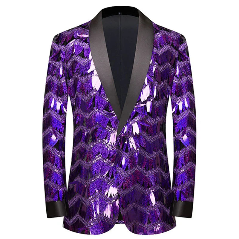 New Men Luxury Wave Striped Gold Sequin Blazer Shawl Lapel One Button Shiny Wedding Party Dinner Tuxedo Blazer Pattern 1 Purple, US S