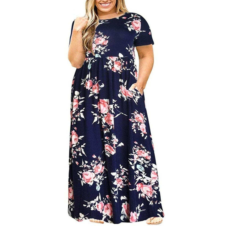 Big Size Dress Women Summer Large Size Short Sleeve pPrint Wear Resistant Long Dress Plus Size Fat Women Clothing Maxi Dress Navy Blue, L