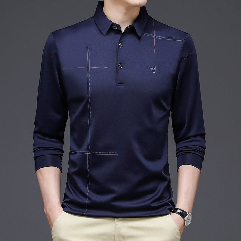 New Men Polo Shirt Autumn Casual Business Tops Solid Polo Shirts Mens Long Sleeve Polo Homme Fashion Korean Slim Lapel Tee Blue P4138, S