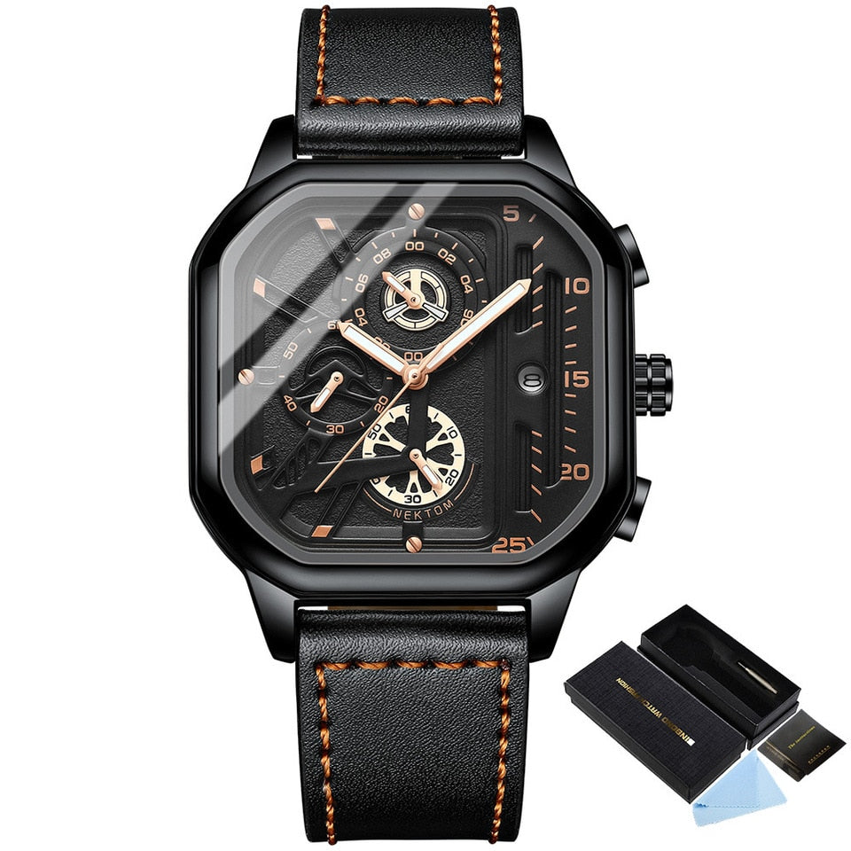 Square Chronograph Casual Fashion Sports Wrist Watch For Men Leather Clock Luxury Business Wristwatch Waterproof Date Watch black gold box