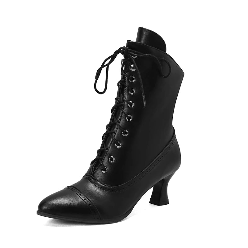 New Lace Up Ladies High Heel Shoes Strange Steampunk Boot Victorian Ankle Boots Women Pointed Toe Thick Soled Short Boots