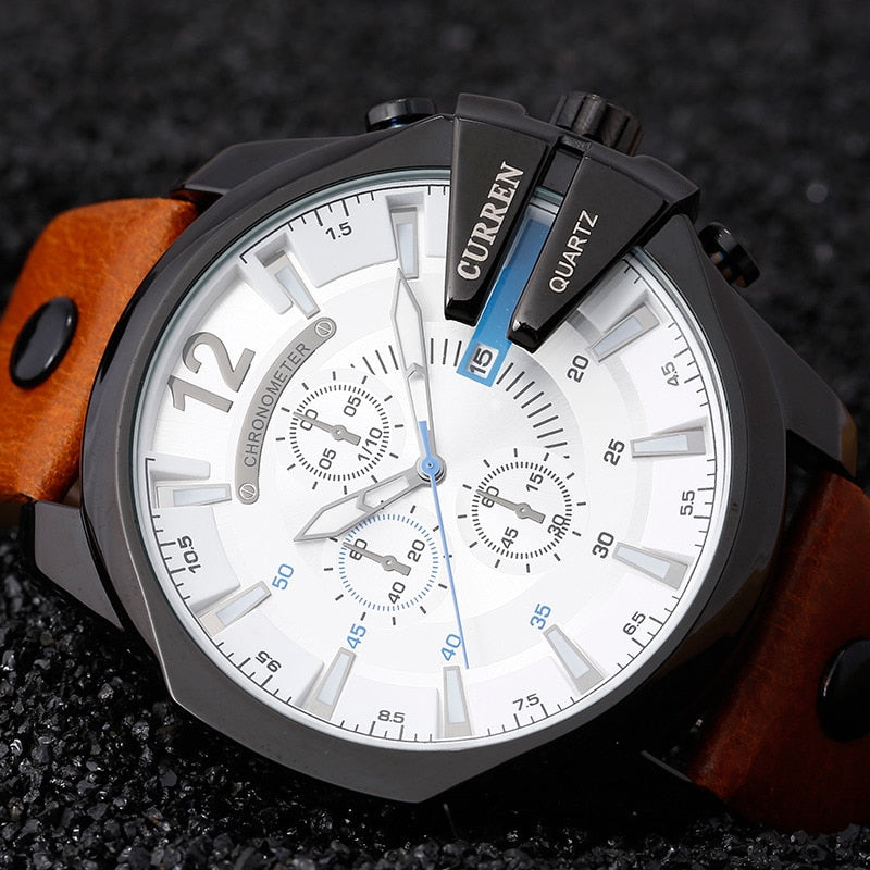 Men Watches Top Brand Luxury Gold Male Watch Fashion Leather Strap Outdoor Casual Sport Wristwatch With Big Dial orange white black