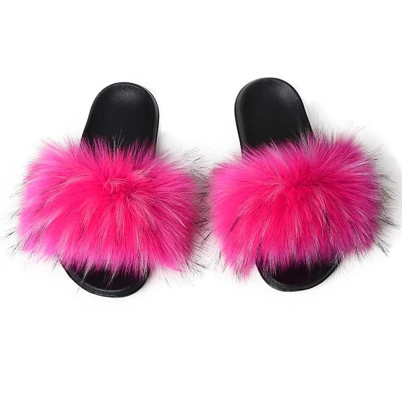 Summer Faux Fur Slippers Women Indoor Furry Fur Slides Female Plush Flip Flops Flats Sandals Casual Fluffy Slipper House Shoes