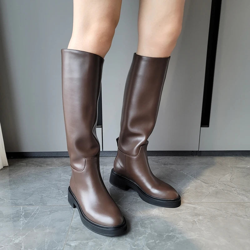 Genuine Leather Knee High Boots For Women Thick Heeled Autumn Winter Warm Shoes Woman High Motorcycle Boots