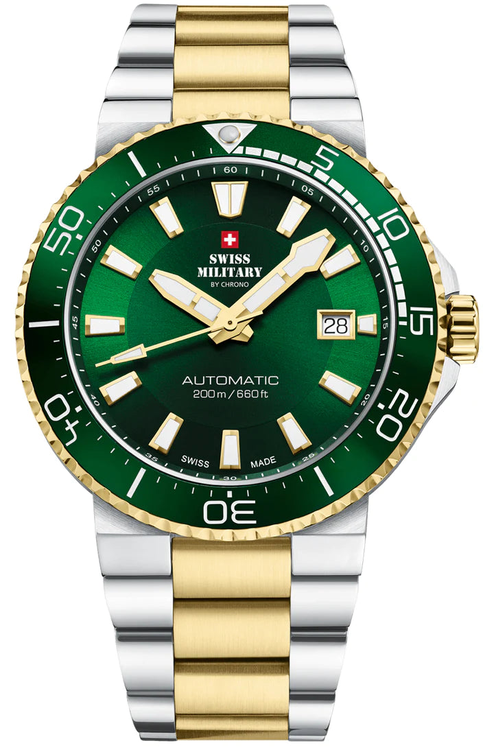 SWISS MILITARY BY CHRONO AUTOMATIC DIVE WATCH 200M - SMA34086.04 Gold Green