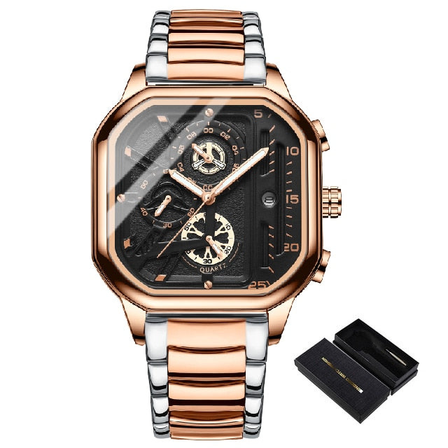 Square Chronograph Casual Fashion Sports Wrist Watch For Men Leather Clock Luxury Business Wristwatch Waterproof Date Watch