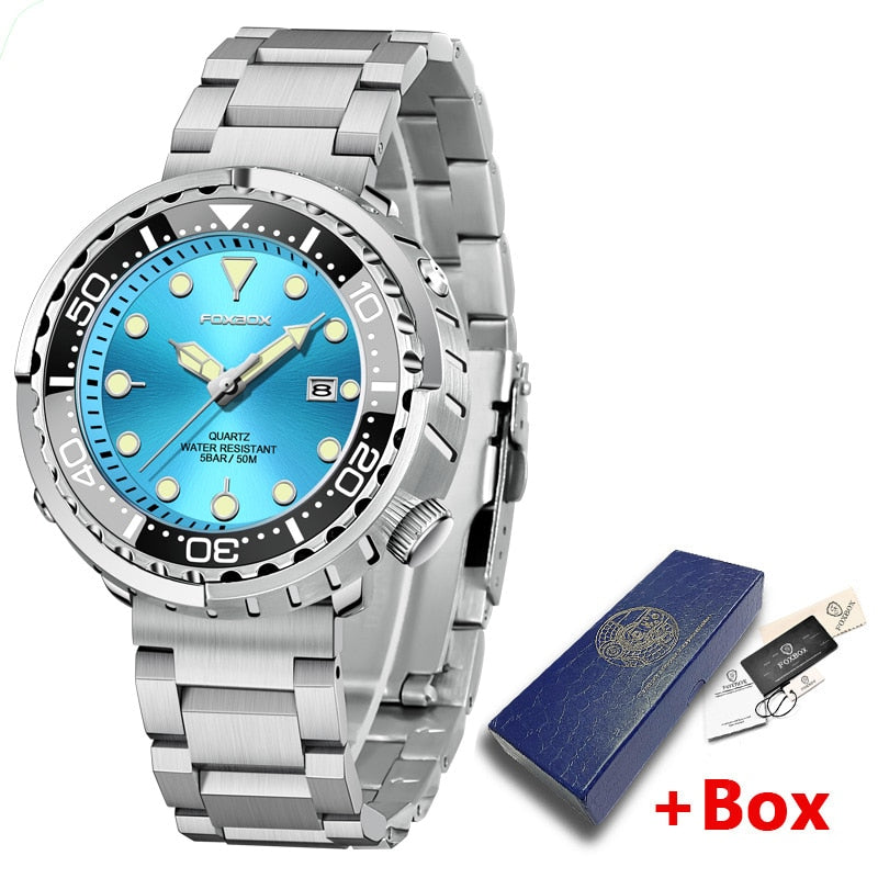 New Men Watches 5ATM Sports Waterproof Quartz Wristwatch Luminous Clock with Steel Bezel Watch for Men Relogio Masculino+Box Sky Blue-03L