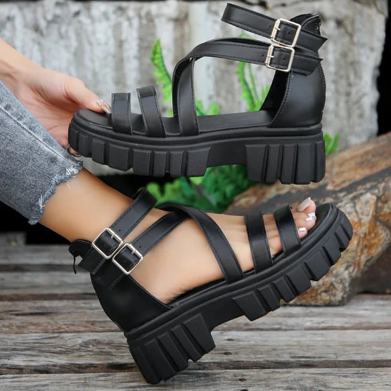 High Heels Roman Sandals for Women 2024 Summer Ankle Strap Sandals Woman Strap Thick Heeled Party Shoes