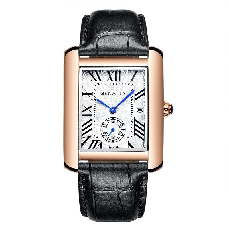 Top Luxury Brand Square Mens Wrist Watches Unique Design Rose Gold Calendar Stop Watch Genuine Leather Quartz Business Male Clock