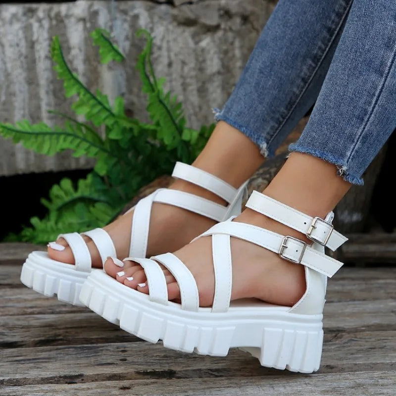 High Heels Roman Sandals for Women 2024 Summer Ankle Strap Sandals Woman Strap Thick Heeled Party Shoes