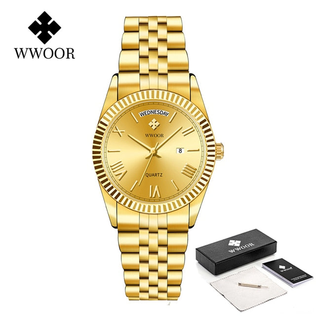 New Gold Watches Mens Luxury Stainless Steel With Calendar Warter proof Male Clock Week Quartz Wristwatch Relogio Masculino Gold gold box