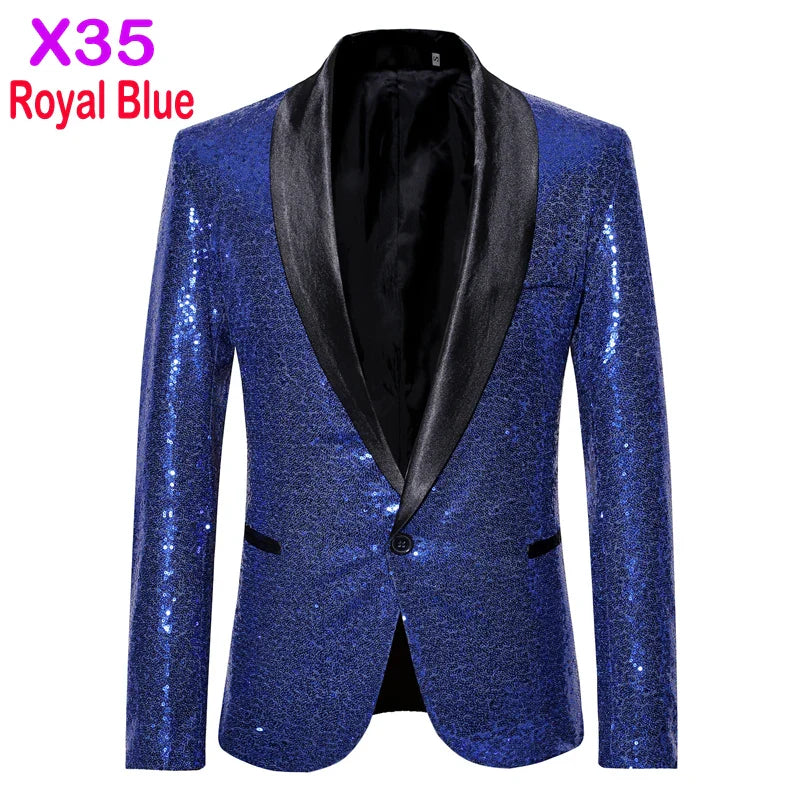 New Shiny Sequin Glitter Embellished Tuxedo Suit Jacket Men One Button Shawl Collar Blazer X35 Blue, XXL