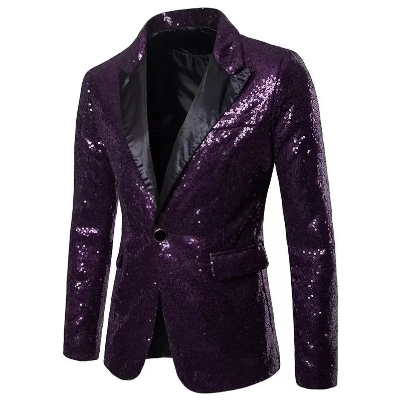 New Formal Men Shiny Blazer Sequins Party Button Dance Bling Wedding Gentleman PURPLE, Asian M(US XS), CHINA