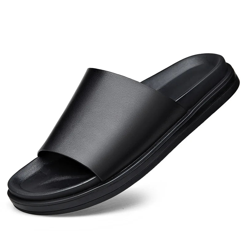 New Genuine Leather Slippers Men Thick Soles Non-slip Flip-flop Sandals for Men Fashion Causal Black Summer Shoes Male