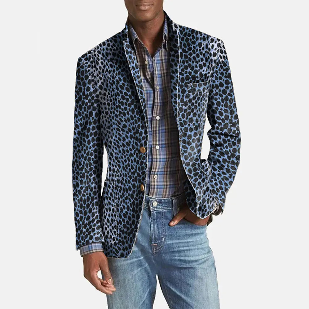 New Men Business Casual Leopard Blazer Print Notch Lapel Pocket Two Button blue, XL