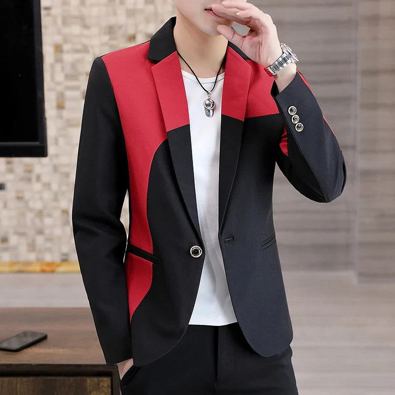 New Splicing Men Blazers Slim Fit Business Casual Suit Jacket Red, XXXL