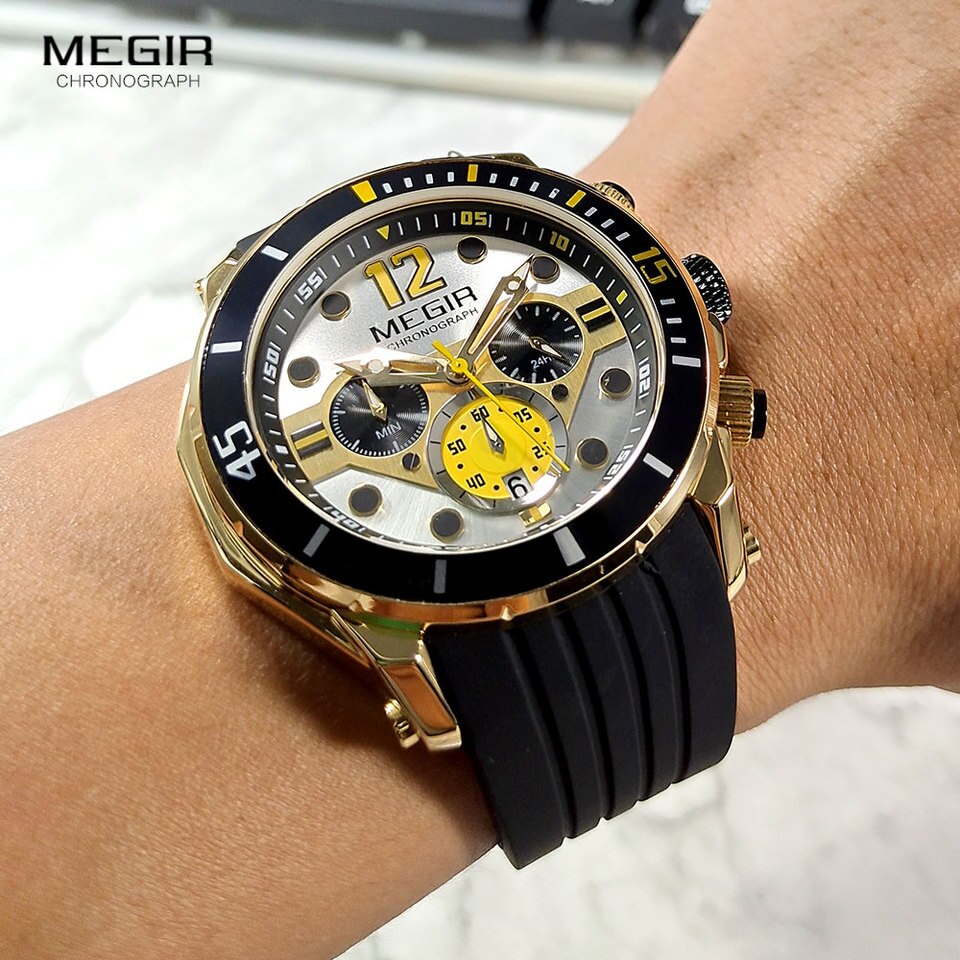 MEGIR Chronograph Watches for Men Fashion Military Sport Silicone Strap Wristwatch with Auto Date Waterproof Quartz Watch