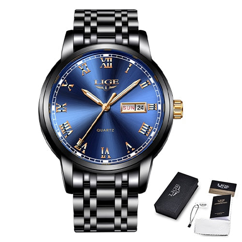 LIGE Stainless Steel Watch Luxury Men Watches Date Watch for Men Business Wirstwatchs Men Waterproof Quartz Watches Classic Clock black blue, China