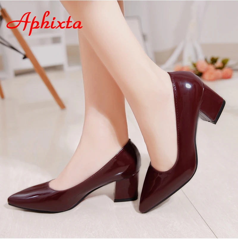 Square Heels Patent Leather Red Pumps Shoes Woman Classics Pointed Toe Dress Official Pumps Party Plus Size