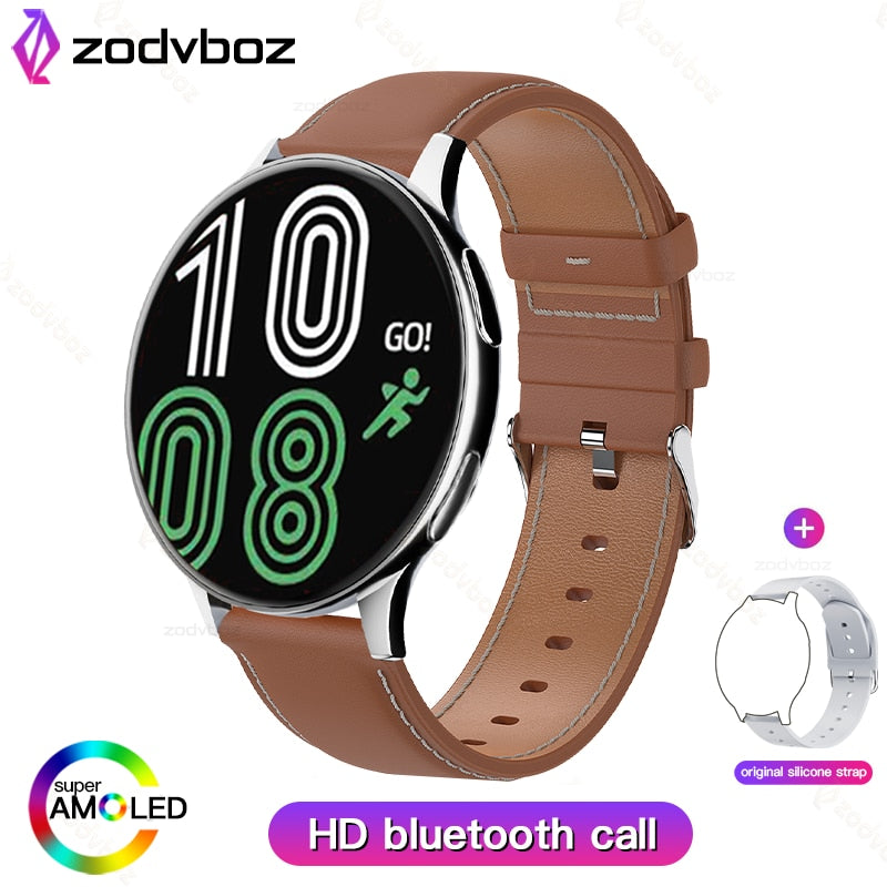 New Smart Watch Round Smartwatch Bluetooth Calls Watches Men Women Fitness Bracelet Custom Watch Face +Gift Box leather silver, China