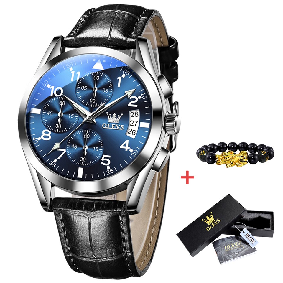 OLEVS 2878 Quartz Men Watch Classic Waterproof Luminous Wristwatch Leather Strap Date Display Luxury Top Brand Watch for Men silver blue face