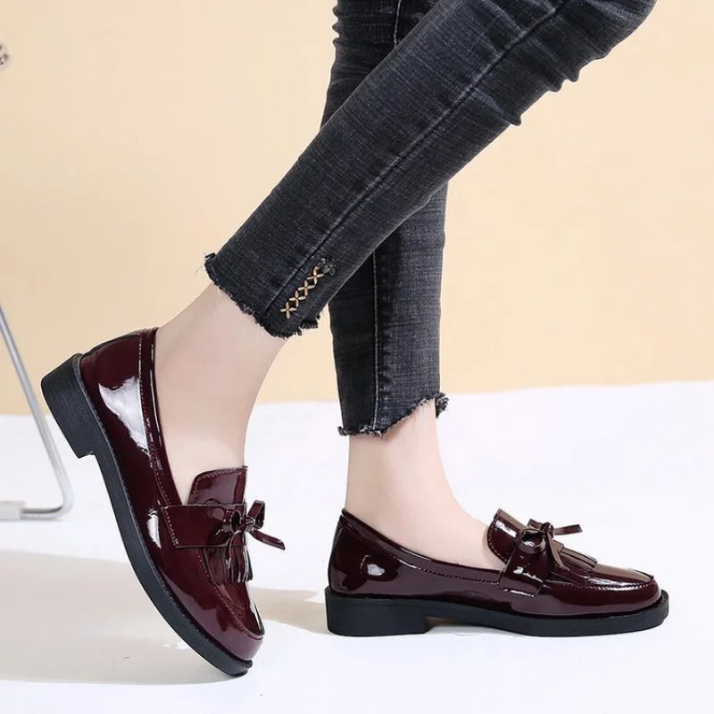 Leather Loafers Women's Black Patent Platform Slip on Shoes for Women New Spring British Tassel Casual Bowknot Flats Shoes