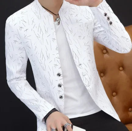 Men Casual Collar Blazers Youth Handsome Trend Slim Print Blazers WHITE 1, 5XL