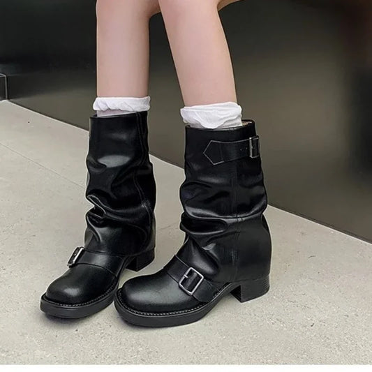 Autumn Winter Thick High Heels Women Mid Calf Boots Gothic Calves Motorcycles Boots Buckle Comfy Walking Boots