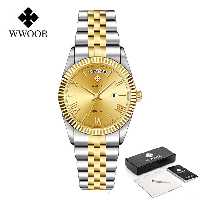 New Gold Watches Mens Luxury Stainless Steel With Calendar Warter proof Male Clock Week Quartz Wristwatch Relogio Masculino Silver gold box