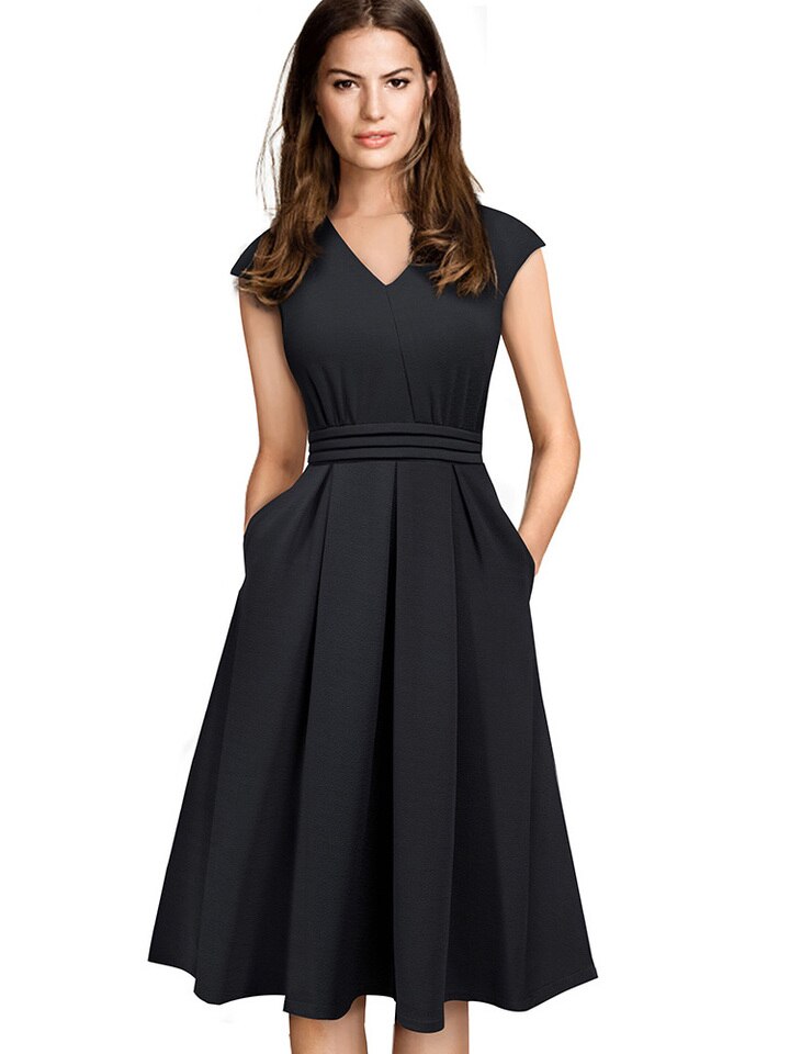 New Brief Elegant Solid Color Sleeveless vestidos with Pocket A-Line Women Flare Dress A196 Black, M