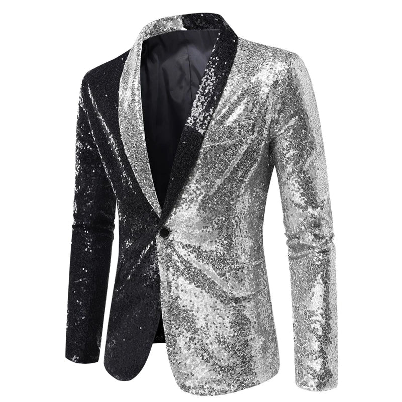 New Shiny Sequin Glitter Blazer for Men One Button Peak Collar Tuxedo Wedding Groom Party Prom Stage Costume Homme X22 Black Silver, US Size S