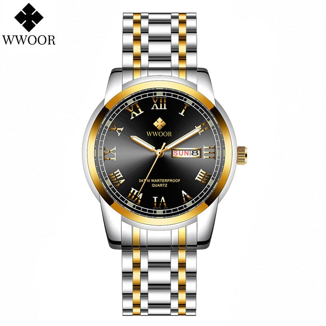 New Gold Watches Mens Luxury Stainless Steel With Calendar Warter proof Male Clock Week Quartz Wristwatch Relogio Masculino 701 Silver black