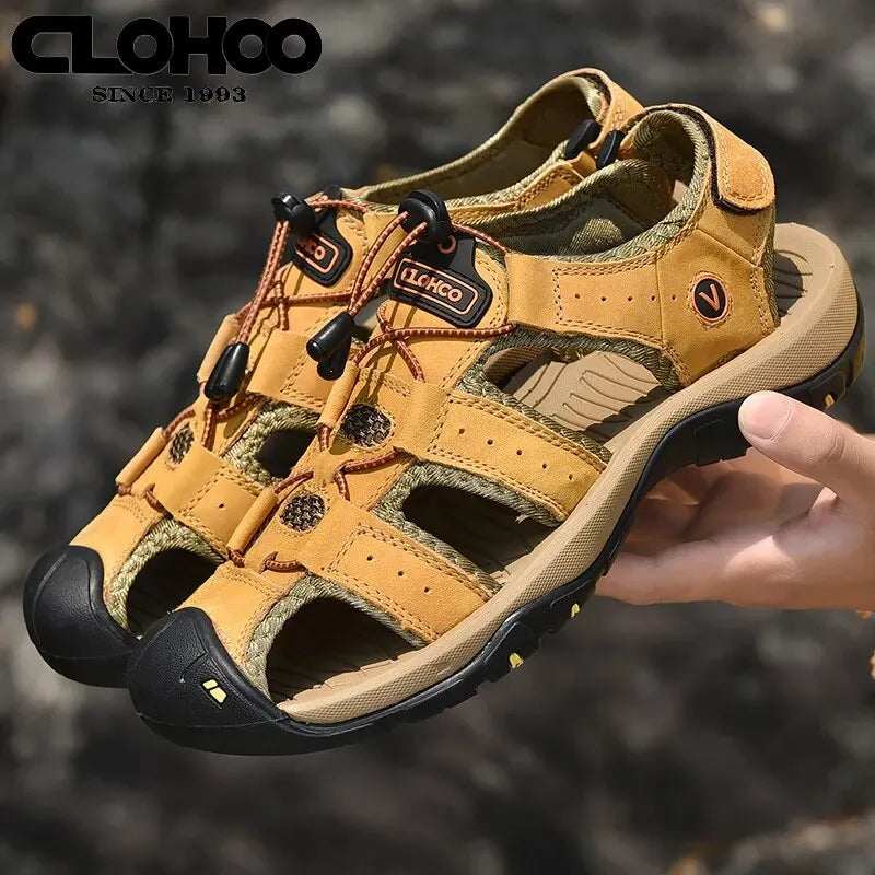 Men Genuine Leather Shoes Summer Non Slip Outdoor Water Walking Hiking Trekking Shoes Comfortable Casual Sneakers